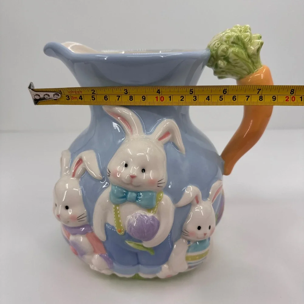 Blossoms & Blooms Easter‎ Bunny Rabbit Ceramic Pitcher Carrot Handle Blue 8